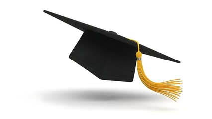 Graduation cap with tassel flying through air on white background