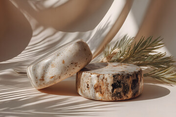 Balanced composition of cylindrical stone forms with botanical accent