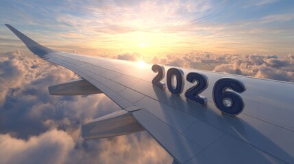 3D text "2026" on the wing of an airplane flying in the sky with clouds and a vibrant sunrise background, symbolizing travel and new year celebration.