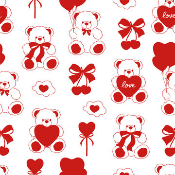 Valentine teddy bear seamless pattern with hearts, balloons, bows and cute love elements. Romantic repeating print for wrapping paper, fabric, backgrounds, wallpapers