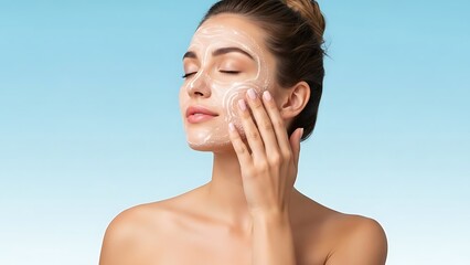Woman applying skincare product beauty treatment facial massage hygiene self care clean skin