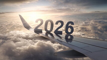 3D text "2026" on the wing of an airplane flying in the sky with clouds and a vibrant sunrise background, symbolizing travel and new year celebration.