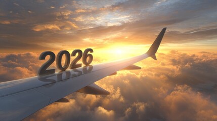 3D text "2026" on the wing of an airplane flying in the sky with clouds and a vibrant sunrise background, symbolizing travel and new year celebration.