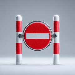 Road closed traffic sign with barrier isolated on gray background safety concept
