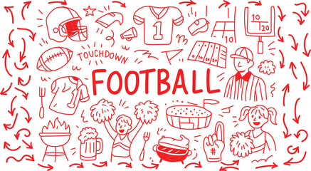 Hand drawn football doodles with touchdown. American football game day doodle illustration featuring essential elements and enthusiastic fans