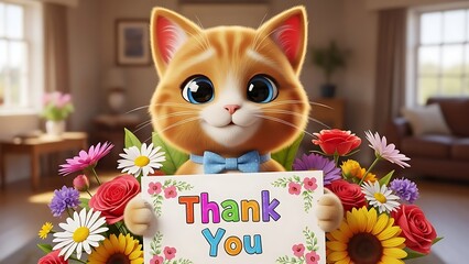 Cute cat with colorful flowers and thank you sign
