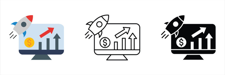 Graphic concept for rapid business growth, startup success, and financial expansion; a rocket launching from a monitor displays charts with rising profits