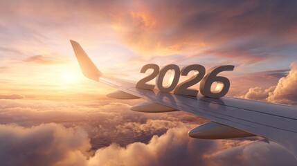 3D text "2026" on the wing of an airplane flying in the sky with clouds and a vibrant sunrise background, symbolizing travel and new year celebration.