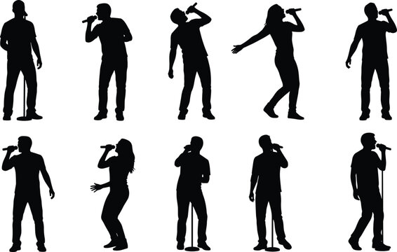 Male and female singer silhouettes performing with microphone expressive stage poses live music concert entertainment illustration collection set