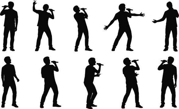 Male singer silhouettes performing with microphone expressive poses stage performance music concert show entertainment illustration collection set