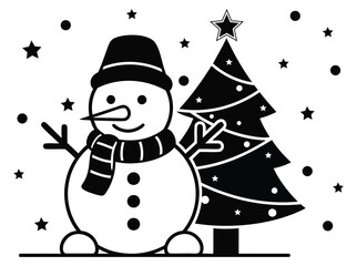 Smiling snowman in winter wonderland with Christmas tree