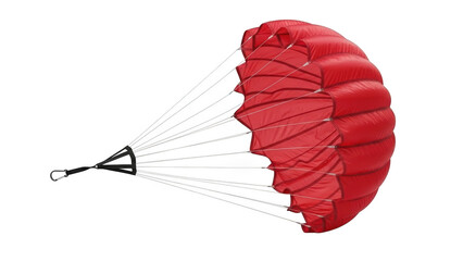 Bright red parachute canopy with white suspension lines against black background image