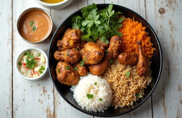 Fototapeta premium Tasty chicken mandi dish served with white and orange rice. Juicy chicken pieces with aromatic spices and fresh herbs on a black plate. Delicious Indian non veg food presentation.