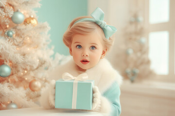 Christmas child baby girl holding a gift box with pastel winter decor in soft light