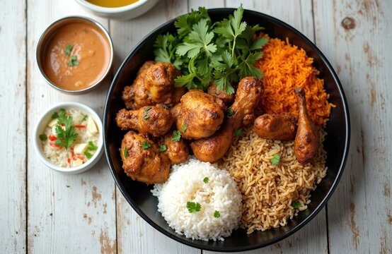 Tasty chicken mandi dish served with white and orange rice. Juicy chicken pieces with aromatic spices and fresh herbs on a black plate. Delicious Indian non veg food presentation.
