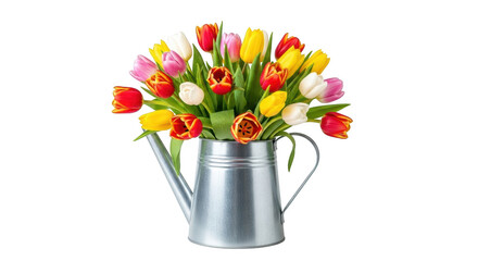 Colorful tulips in a silver watering can against a black background flowers bouquet