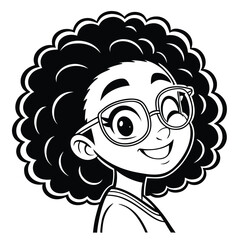 Cartoon Girl With Curly Hair And Glasses Smiling illustration