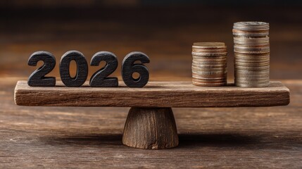 The word "2026" on the left side of a scale, with coins stacked next to it, symbolizing the balance of money and market trends in financial presentations.