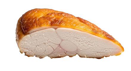 Cooked chicken breast cross section golden brown crispy skin white meat food poultry