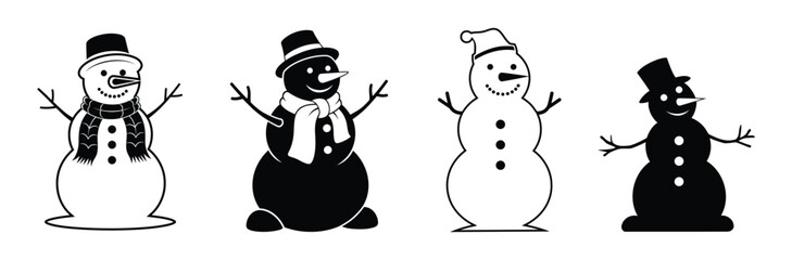 Four cheerful snowmen in various black and white styles for winter designs