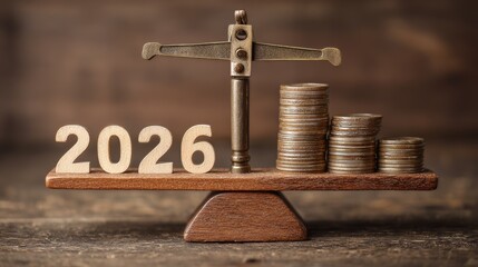 The word "2026" on the left side of a scale, with coins stacked next to it, symbolizing the balance of money and market trends in financial presentations.