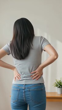 自宅でグレーのTシャツを着ている女性が、腰に手をあてて腰痛に耐えている（縦型動画）