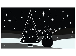Snowman and Christmas tree under starry night sky in winter
