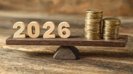The word "2026" on the left side of a scale, with coins stacked next to it, symbolizing the balance of money and market trends in financial presentations.