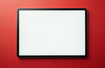Tablet computer with blank white screen rests on vibrant red background. Device offers empty display space for graphics, ads, or web content. Modern tech gadget is ready for digital information.