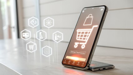 Close-up of a hand holding a smartphone showing a mobile e-commerce experience with glowing 3D shopping icons and digital data, symbolizing modern retail technology and online sales. AI generated art.