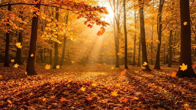 Autumn leaves falling in forest with sunbeams shining through trees. cinematic motion graphics cinematic designed for video intros, transitions, backgrounds, trailers, VJ loops, or use any commercial 