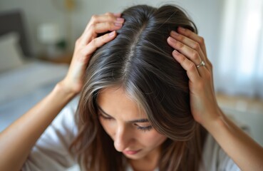Fototapeta premium Woman checks natural grey hair roots growing out. Looks worried about aging hair color change, texture. Dark hair silver strands visible. Touches head, concerned about appearance.