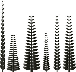 Vector art of set of six black stylized fern or leaf sprigs of varying heights