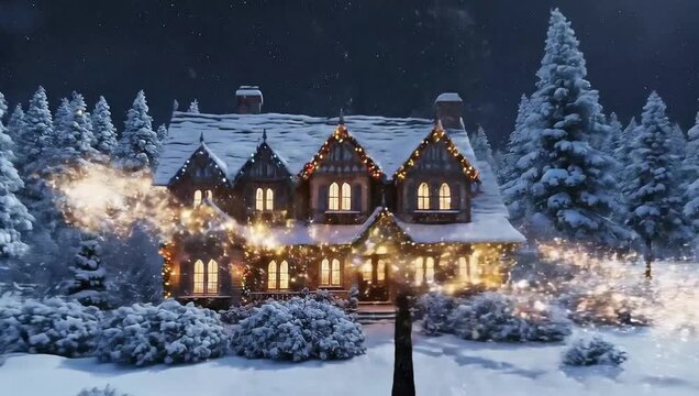 Enchanting Winter Wonderland A Cozy, Snow-Covered House Adorned with Festive Christmas Lights