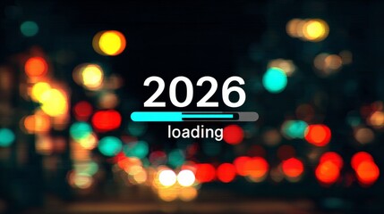 A futuristic "2026 loading" text with a glowing progress bar, set against a dark background, featuring retro video game elements and pixel art, with blurred bokeh lighting in the foreground.