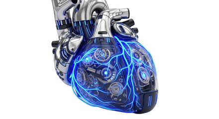 Mechanical heart with glowing blue veins and intricate gears on black background robotic heart artificial heart