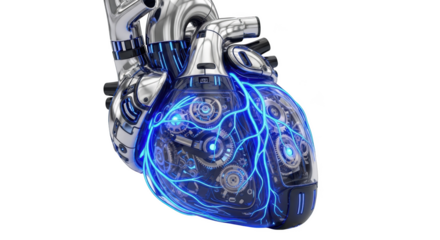 Mechanical heart with glowing blue veins and intricate gears on black background robotic heart artificial heart