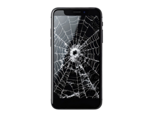 A broken smartphone screen with a spider web design, showcasing intricate patterns and a central spider-like point of impact.