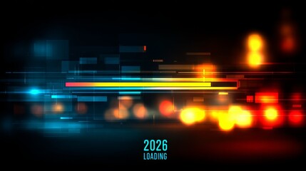 A futuristic "2026 loading" text with a glowing progress bar, set against a dark background, featuring retro video game elements and pixel art, with blurred bokeh lighting in the foreground.