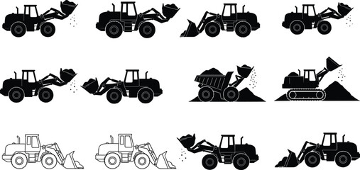 Wheel loader and bulldozer silhouettes set showing construction machinery excavation loading dumping heavy equipment illustration collection © Sharon 