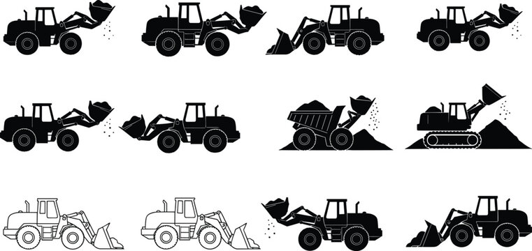 Wheel loader and bulldozer silhouettes set showing construction machinery excavation loading dumping heavy equipment illustration collection