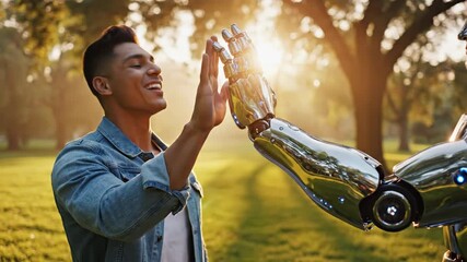 A smiling man gives a high-five to a robot's metallic arm in a sunny park, showcasing a harmonious future of human and AI collaboration