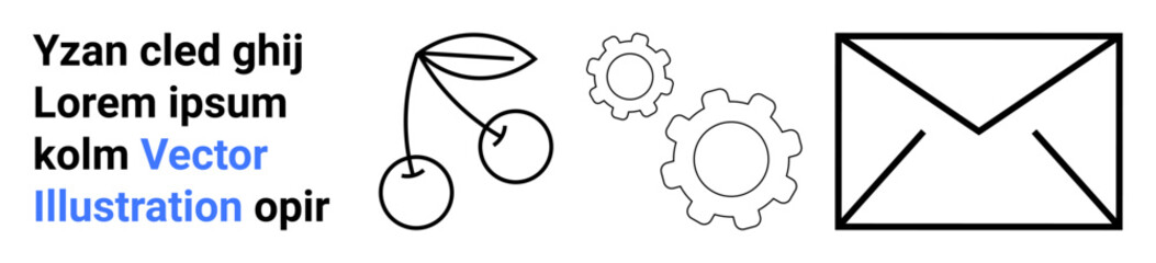 Communication, technology, design projects, digital content, conceptual branding, workflow. A group of cherries, gears and a mail envelope with text elements. Communication and technology concepts