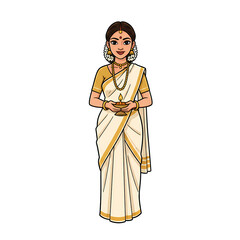 Traditional south indian woman in Kerala saree holding a lit oil lamp- indian festival illustration 