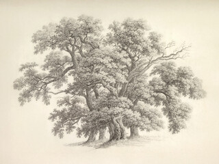 Vintage Oak Tree Landscape Print