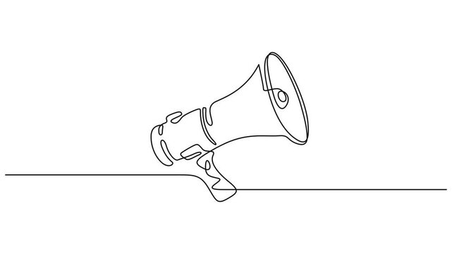 Continuous drawing line art of megaphone with black line, Animated self drawing of megaphone. Hand-drawn with one stroke, perfect for promotions, marketing, sales concept.