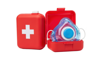 Red first aid kit with clear blue respirator mask inside medical kit emergency kit