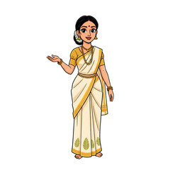 Traditional south indian woman in Kerala kasavu saree-2d cartoon illustration 