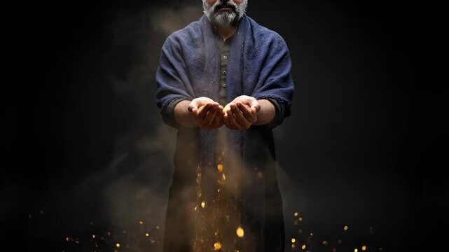 Man holding cupped hand in prayer. Beard visible as figure wears shawl and robe. Hand gesture shows supplication and worship. Dark setting creates spiritual focus and reverence and quiet intensity.
