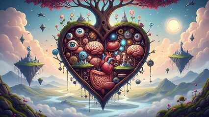 Whimsical heart shaped surreal landscape with brains and organs